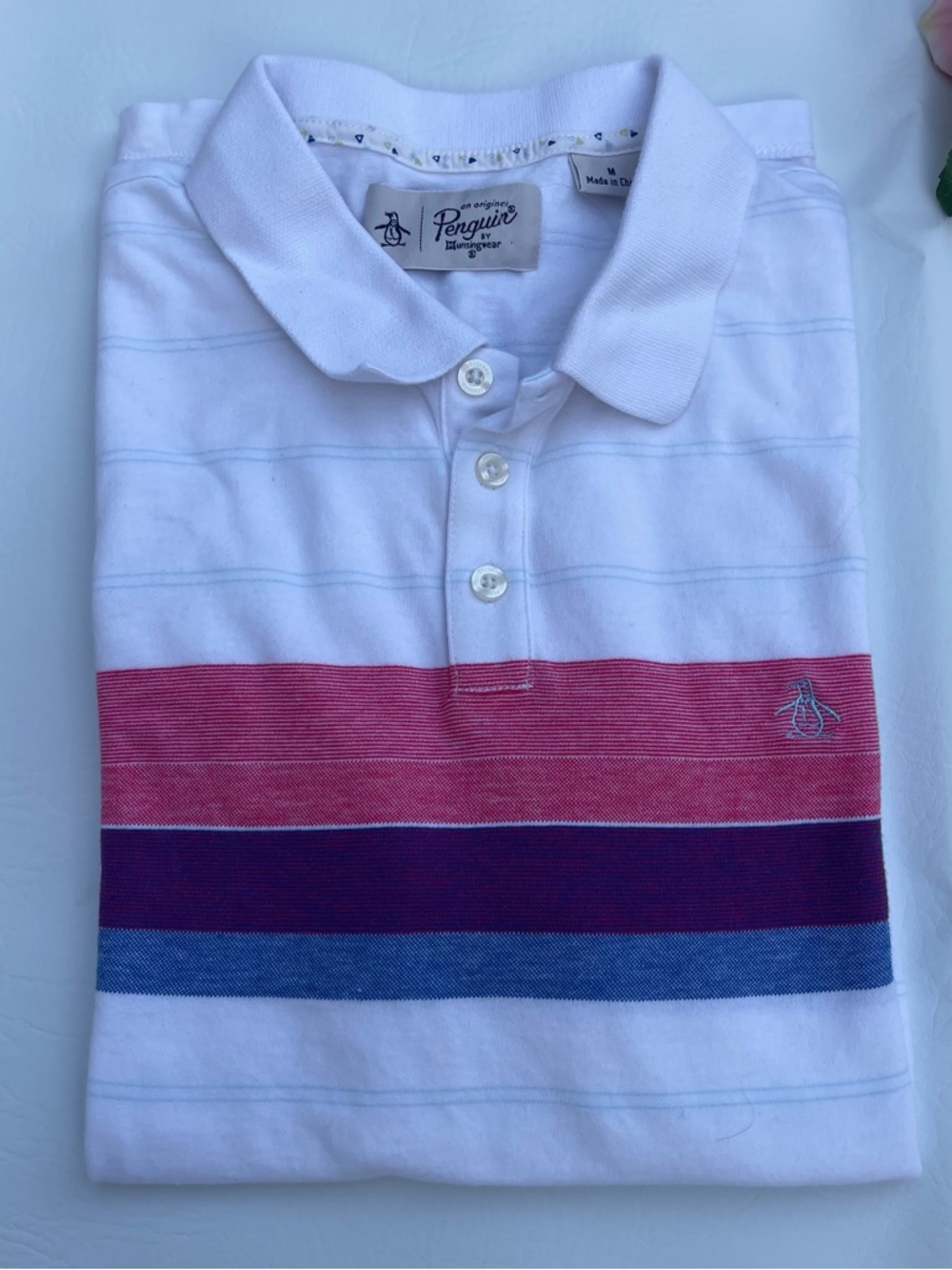 Original Penguin White Polo with Pink, Purple & Blue Stripes M